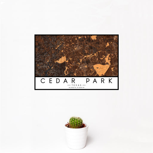 12x18 Cedar Park Texas Map Print Landscape Orientation in Ember Style With Small Cactus Plant in White Planter