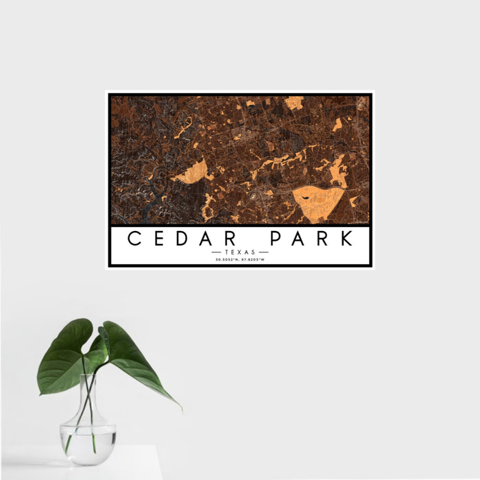 16x24 Cedar Park Texas Map Print Landscape Orientation in Ember Style With Tropical Plant Leaves in Water