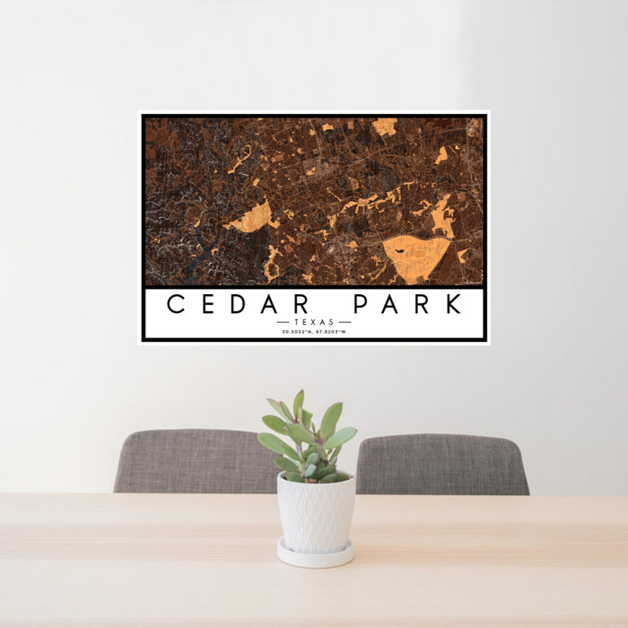 24x36 Cedar Park Texas Map Print Landscape Orientation in Ember Style Behind 2 Chairs Table and Potted Plant