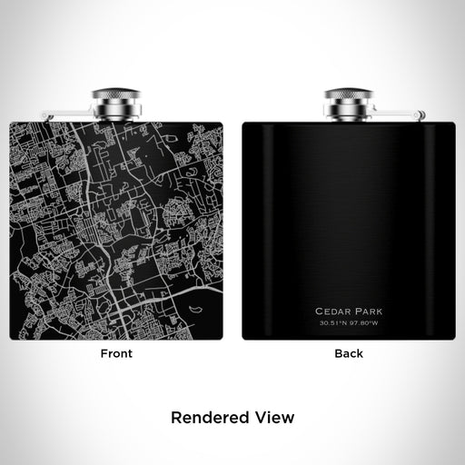 Rendered View of Cedar Park Texas Map Engraving on 6oz Stainless Steel Flask in Black