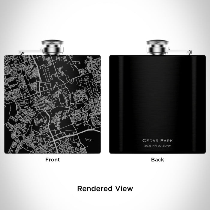 Rendered View of Cedar Park Texas Map Engraving on 6oz Stainless Steel Flask in Black
