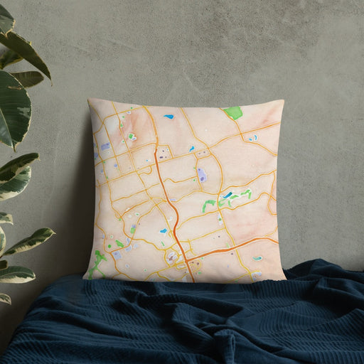 Custom Cedar Park Texas Map Throw Pillow in Watercolor on Bedding Against Wall