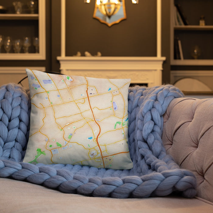 Custom Cedar Park Texas Map Throw Pillow in Watercolor on Cream Colored Couch