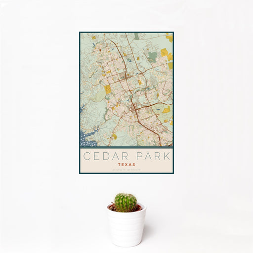 12x18 Cedar Park Texas Map Print Portrait Orientation in Woodblock Style With Small Cactus Plant in White Planter