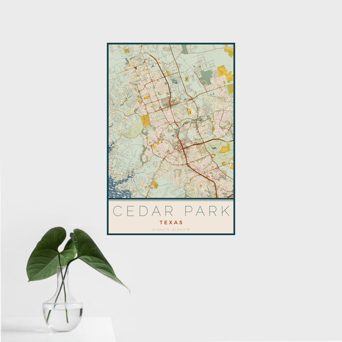 16x24 Cedar Park Texas Map Print Portrait Orientation in Woodblock Style With Tropical Plant Leaves in Water