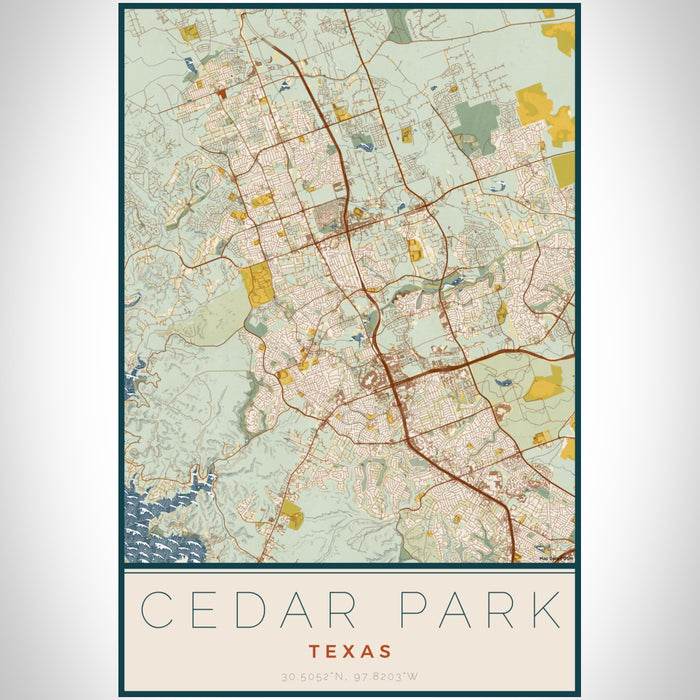 Cedar Park Texas Map Print Portrait Orientation in Woodblock Style With Shaded Background