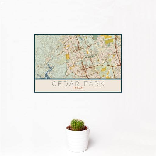 12x18 Cedar Park Texas Map Print Landscape Orientation in Woodblock Style With Small Cactus Plant in White Planter