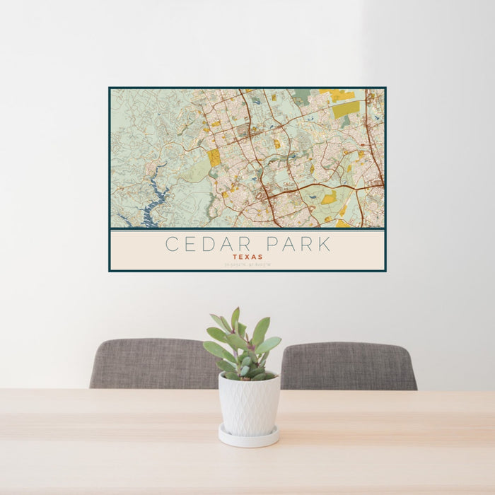 24x36 Cedar Park Texas Map Print Landscape Orientation in Woodblock Style Behind 2 Chairs Table and Potted Plant