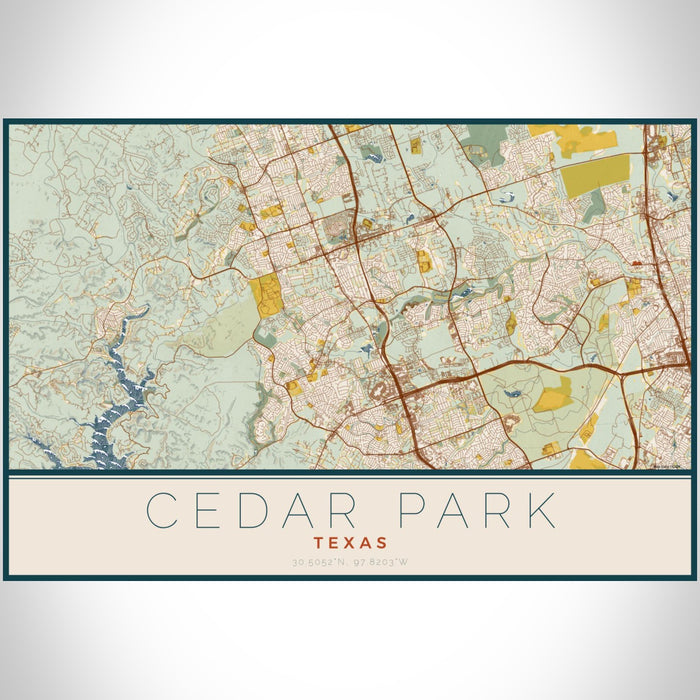 Cedar Park Texas Map Print Landscape Orientation in Woodblock Style With Shaded Background