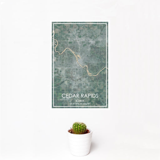 12x18 Cedar Rapids Iowa Map Print Portrait Orientation in Afternoon Style With Small Cactus Plant in White Planter