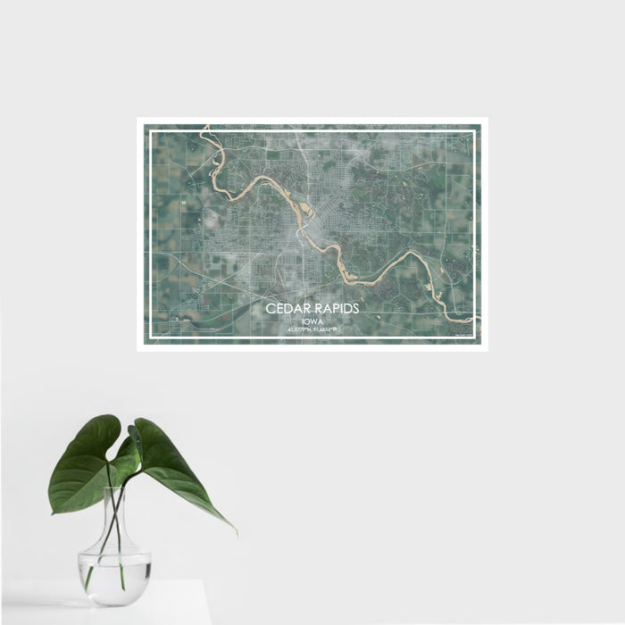16x24 Cedar Rapids Iowa Map Print Landscape Orientation in Afternoon Style With Tropical Plant Leaves in Water