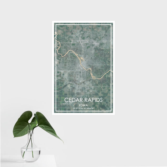 16x24 Cedar Rapids Iowa Map Print Portrait Orientation in Afternoon Style With Tropical Plant Leaves in Water