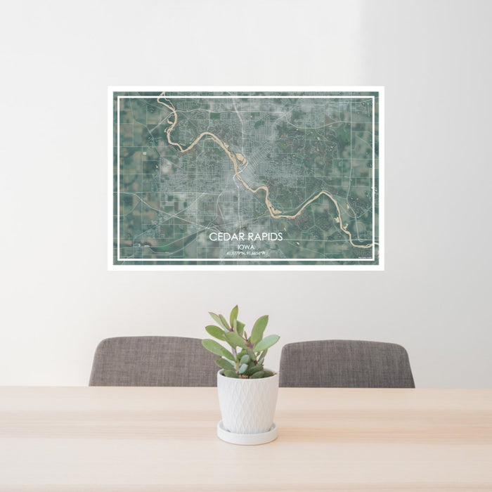 24x36 Cedar Rapids Iowa Map Print Lanscape Orientation in Afternoon Style Behind 2 Chairs Table and Potted Plant