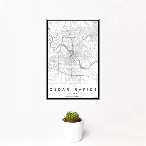 12x18 Cedar Rapids Iowa Map Print Portrait Orientation in Classic Style With Small Cactus Plant in White Planter