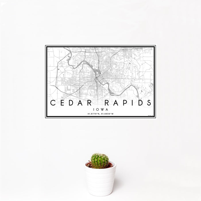 12x18 Cedar Rapids Iowa Map Print Landscape Orientation in Classic Style With Small Cactus Plant in White Planter
