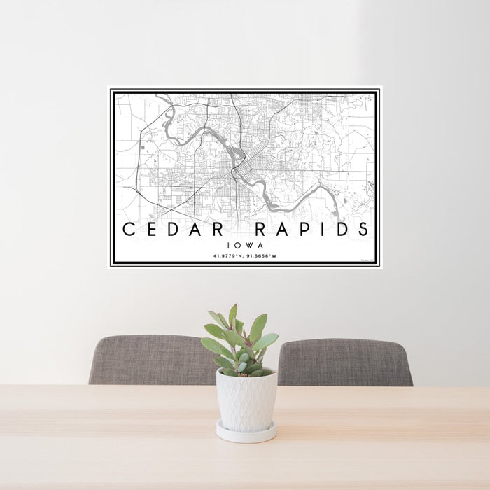 24x36 Cedar Rapids Iowa Map Print Landscape Orientation in Classic Style Behind 2 Chairs Table and Potted Plant