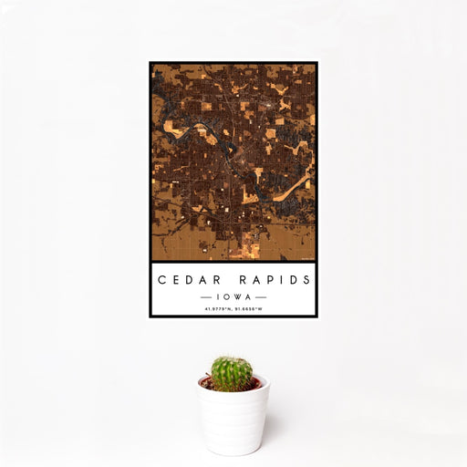 12x18 Cedar Rapids Iowa Map Print Portrait Orientation in Ember Style With Small Cactus Plant in White Planter