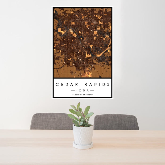 24x36 Cedar Rapids Iowa Map Print Portrait Orientation in Ember Style Behind 2 Chairs Table and Potted Plant