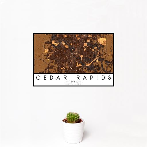 12x18 Cedar Rapids Iowa Map Print Landscape Orientation in Ember Style With Small Cactus Plant in White Planter