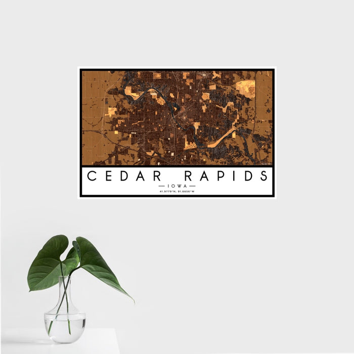 16x24 Cedar Rapids Iowa Map Print Landscape Orientation in Ember Style With Tropical Plant Leaves in Water