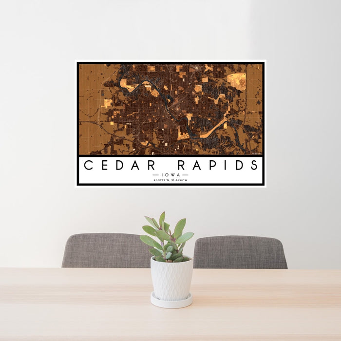 24x36 Cedar Rapids Iowa Map Print Landscape Orientation in Ember Style Behind 2 Chairs Table and Potted Plant