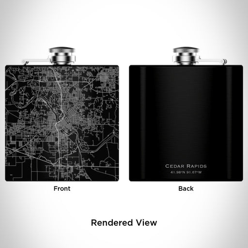 Rendered View of Cedar Rapids Iowa Map Engraving on 6oz Stainless Steel Flask in Black