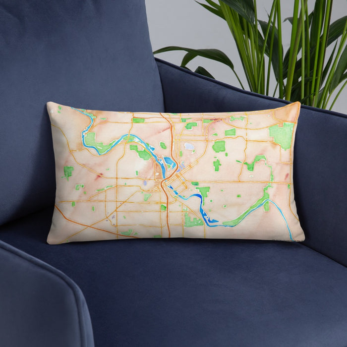 Custom Cedar Rapids Iowa Map Throw Pillow in Watercolor on Blue Colored Chair