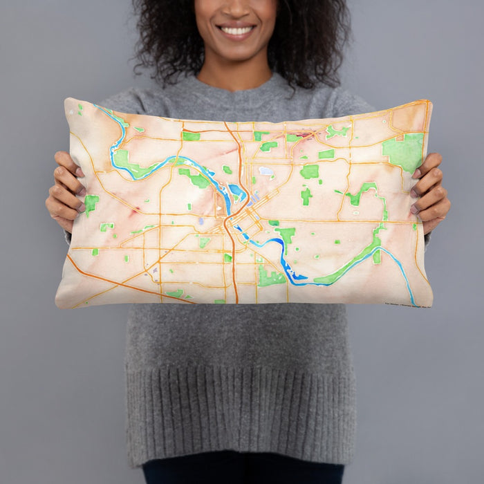 Person holding 20x12 Custom Cedar Rapids Iowa Map Throw Pillow in Watercolor