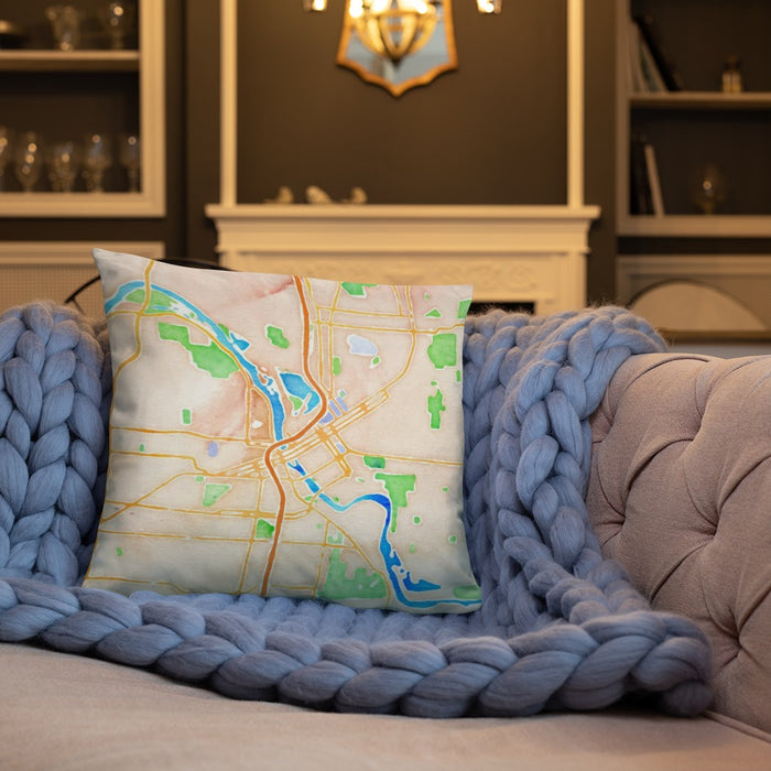 Custom Cedar Rapids Iowa Map Throw Pillow in Watercolor on Cream Colored Couch