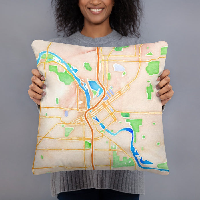 Person holding 18x18 Custom Cedar Rapids Iowa Map Throw Pillow in Watercolor