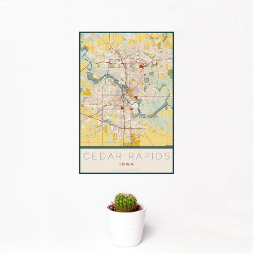 12x18 Cedar Rapids Iowa Map Print Portrait Orientation in Woodblock Style With Small Cactus Plant in White Planter