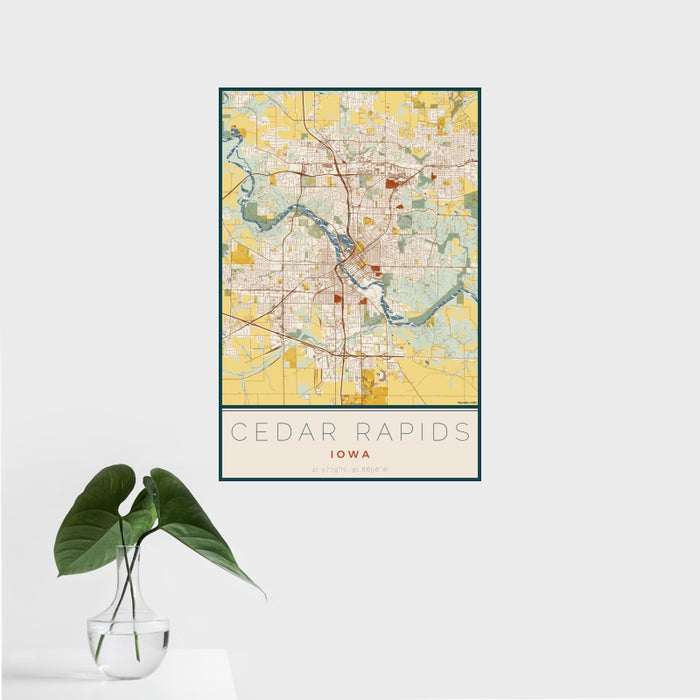 16x24 Cedar Rapids Iowa Map Print Portrait Orientation in Woodblock Style With Tropical Plant Leaves in Water
