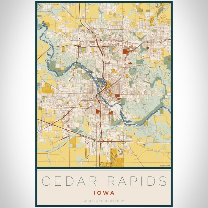 Cedar Rapids Iowa Map Print Portrait Orientation in Woodblock Style With Shaded Background