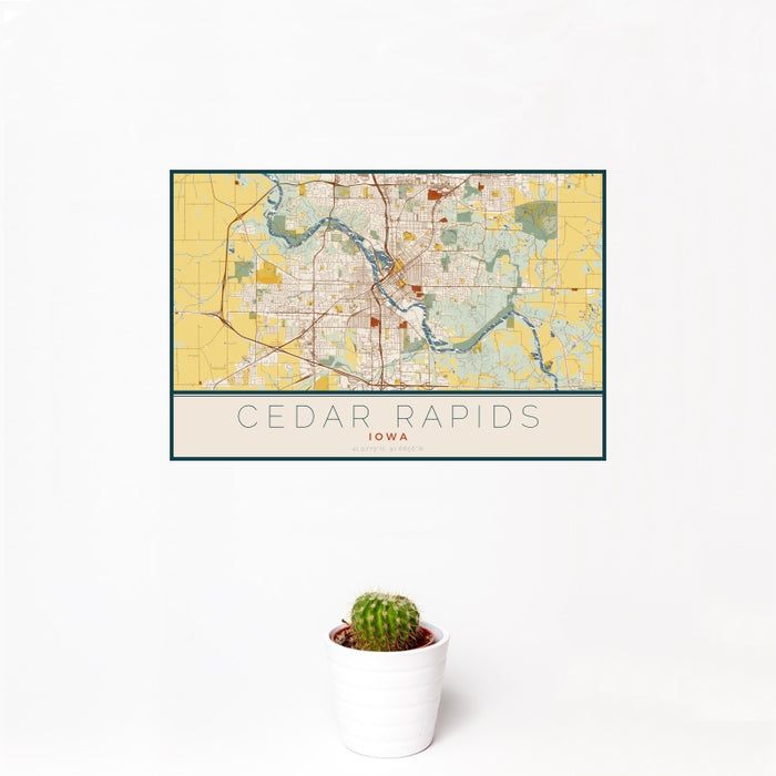 12x18 Cedar Rapids Iowa Map Print Landscape Orientation in Woodblock Style With Small Cactus Plant in White Planter