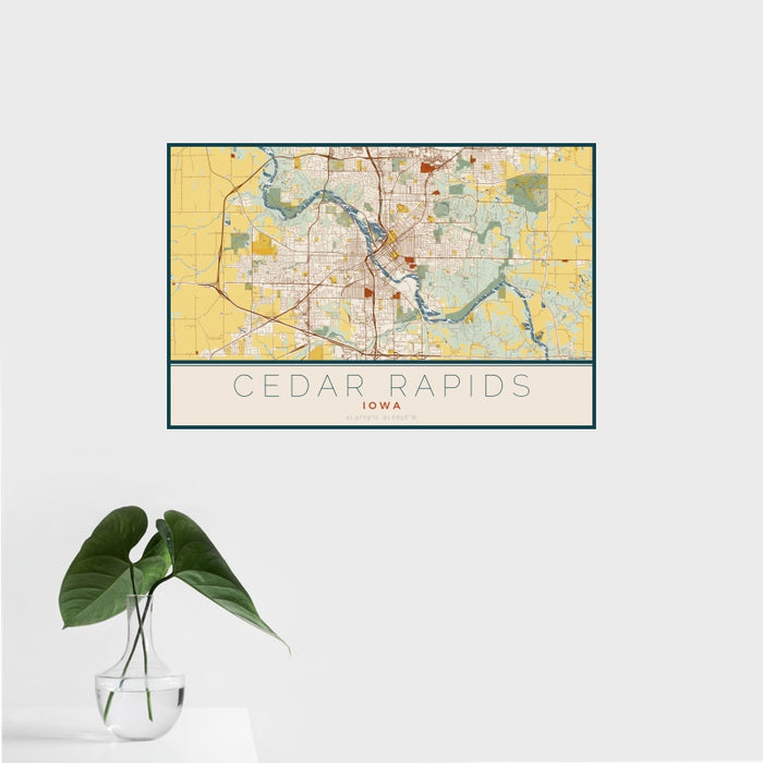 16x24 Cedar Rapids Iowa Map Print Landscape Orientation in Woodblock Style With Tropical Plant Leaves in Water