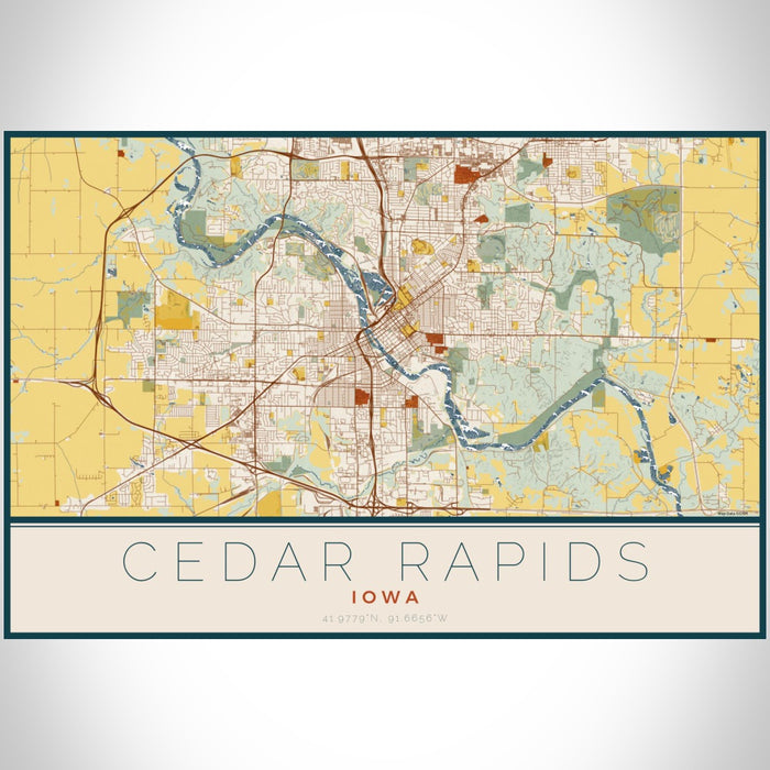 Cedar Rapids Iowa Map Print Landscape Orientation in Woodblock Style With Shaded Background