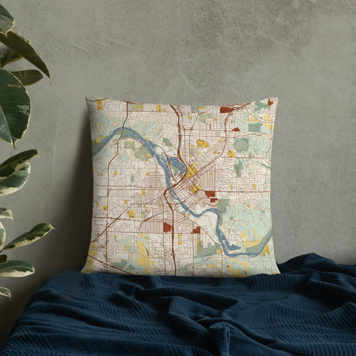 Custom Cedar Rapids Iowa Map Throw Pillow in Woodblock on Bedding Against Wall