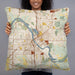 Person holding 22x22 Custom Cedar Rapids Iowa Map Throw Pillow in Woodblock