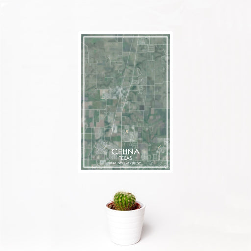 12x18 Celina Texas Map Print Portrait Orientation in Afternoon Style With Small Cactus Plant in White Planter