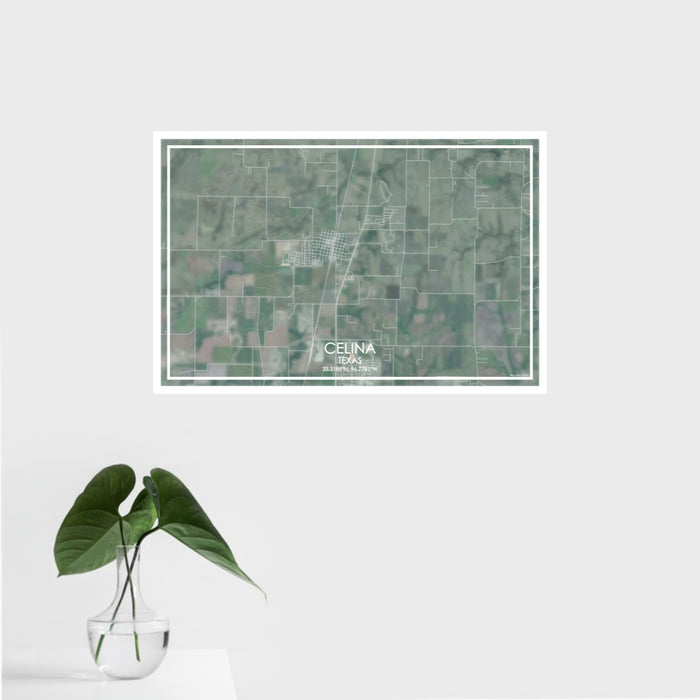 16x24 Celina Texas Map Print Landscape Orientation in Afternoon Style With Tropical Plant Leaves in Water