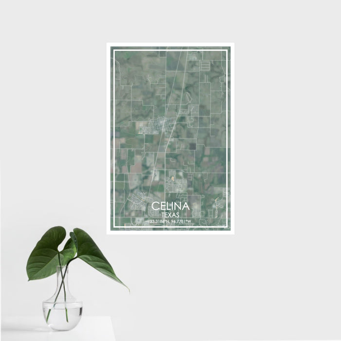 16x24 Celina Texas Map Print Portrait Orientation in Afternoon Style With Tropical Plant Leaves in Water