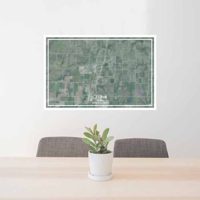 24x36 Celina Texas Map Print Lanscape Orientation in Afternoon Style Behind 2 Chairs Table and Potted Plant