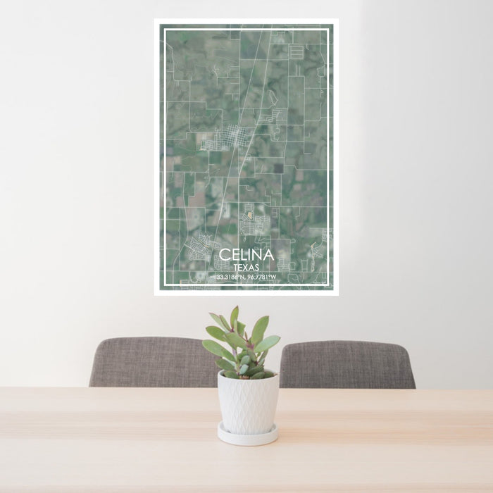 24x36 Celina Texas Map Print Portrait Orientation in Afternoon Style Behind 2 Chairs Table and Potted Plant