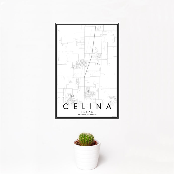 12x18 Celina Texas Map Print Portrait Orientation in Classic Style With Small Cactus Plant in White Planter