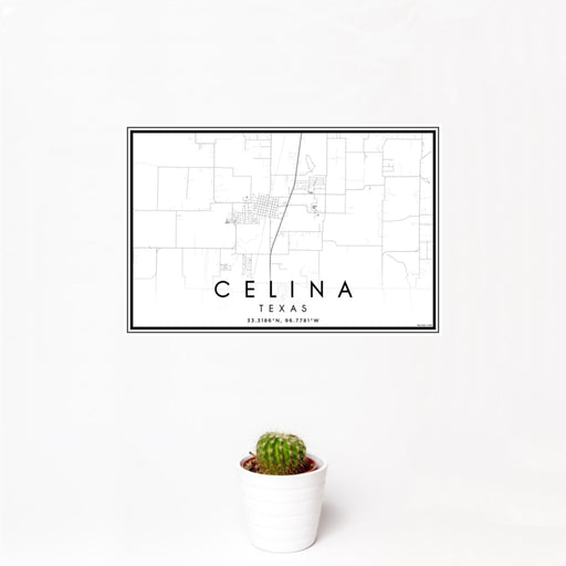12x18 Celina Texas Map Print Landscape Orientation in Classic Style With Small Cactus Plant in White Planter