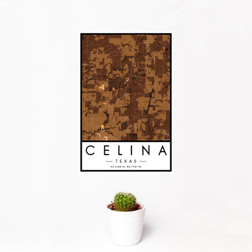12x18 Celina Texas Map Print Portrait Orientation in Ember Style With Small Cactus Plant in White Planter