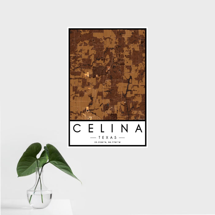 16x24 Celina Texas Map Print Portrait Orientation in Ember Style With Tropical Plant Leaves in Water