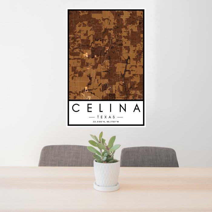 24x36 Celina Texas Map Print Portrait Orientation in Ember Style Behind 2 Chairs Table and Potted Plant