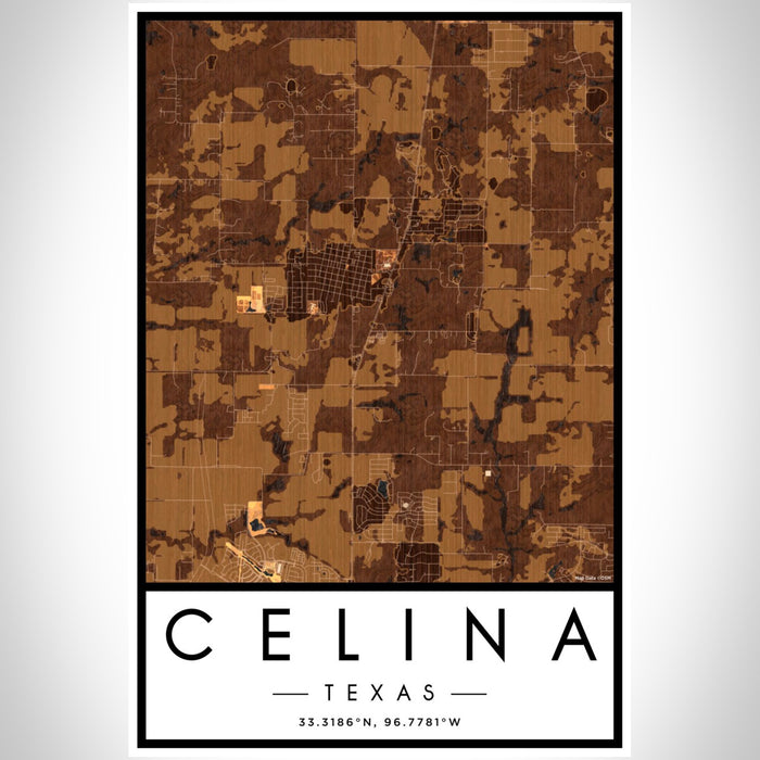 Celina Texas Map Print Portrait Orientation in Ember Style With Shaded Background