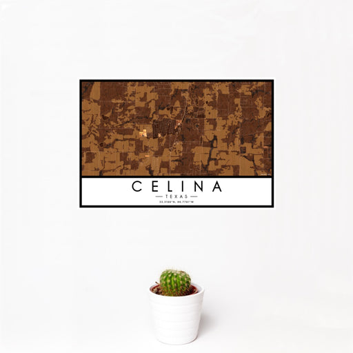 12x18 Celina Texas Map Print Landscape Orientation in Ember Style With Small Cactus Plant in White Planter